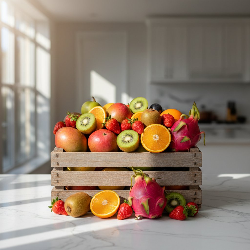 Fresh assorted fruits including apples, oranges, berries and tropical fruits arranged in wooden crates